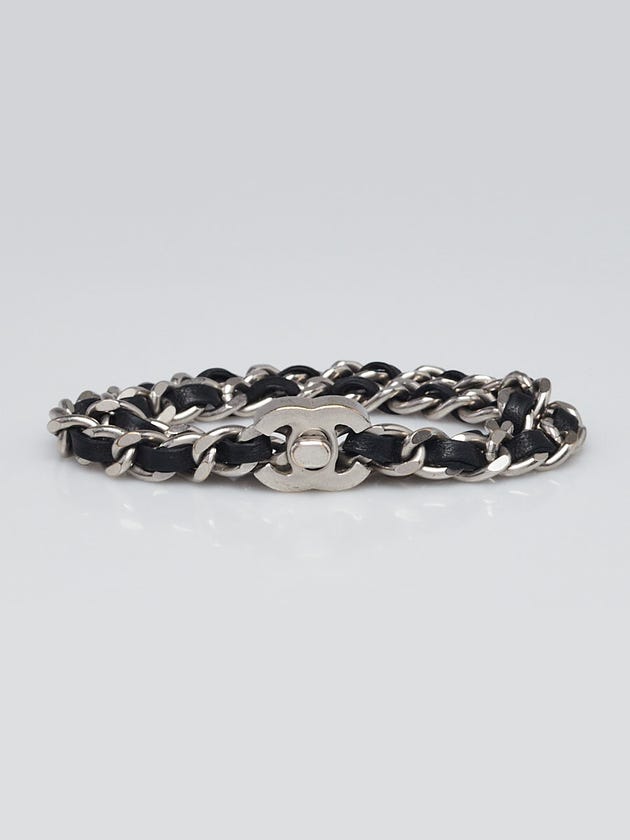 Chanel Silver Metal Leather Entwined Chain CC Turnlock Double Wrap Bracelet