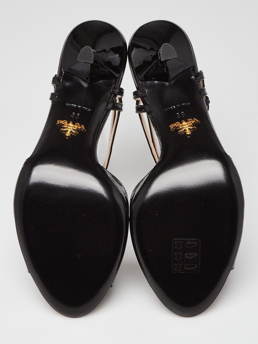 Prada Nero Saffiano Vernice Leather Sandals Size 7.5/38 | Yoogi's