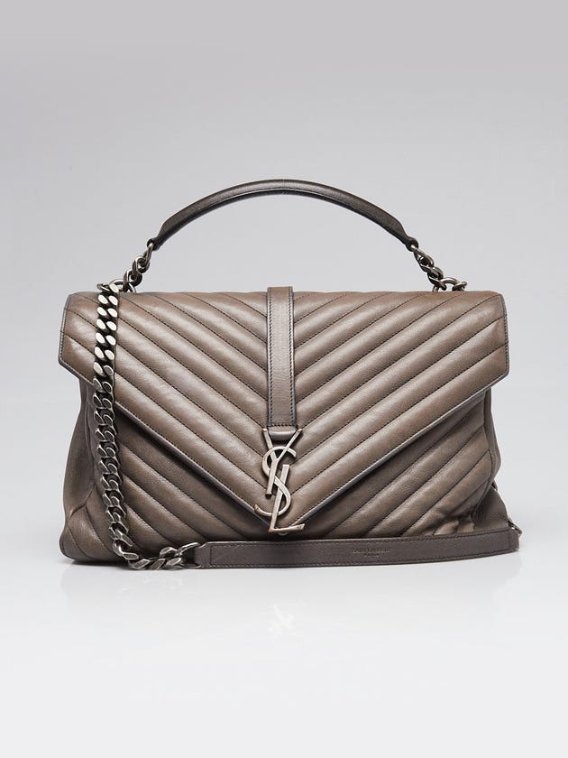 Yves Saint Laurent Grey Chevron Quilted Leather Monogram Large College Bag
