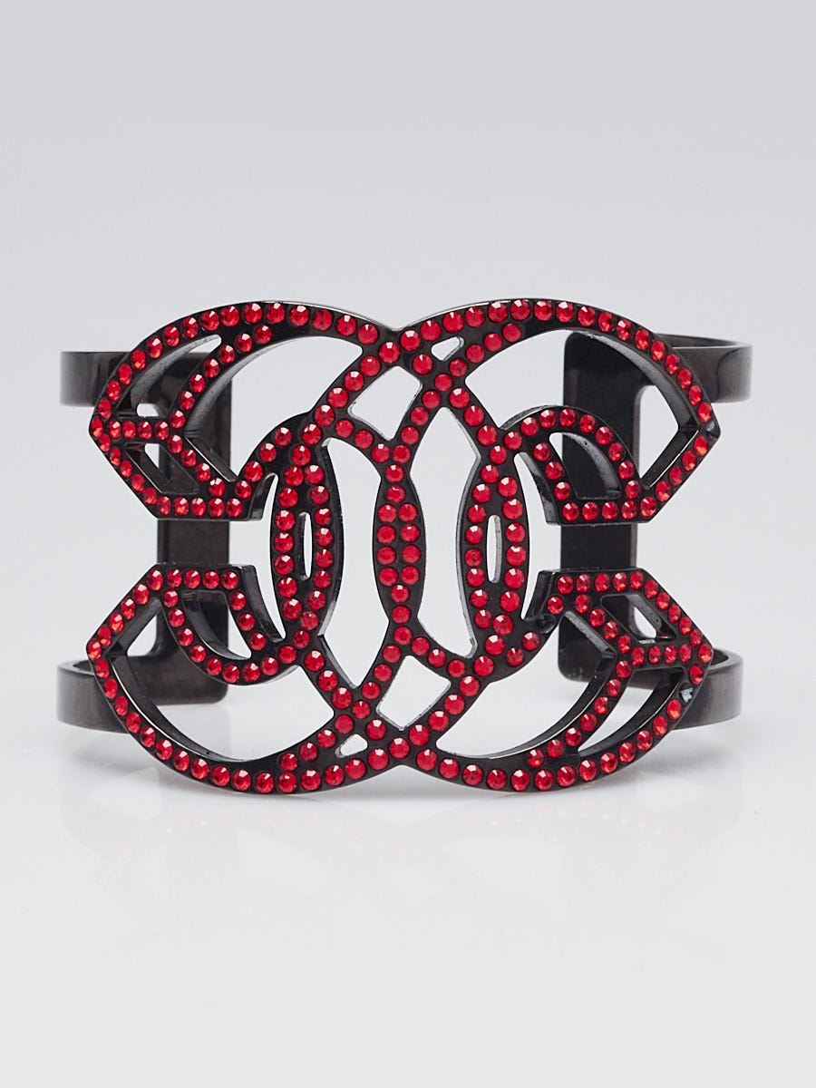 Chanel Red Crystal Black Metal CC Cuff Bracelet
