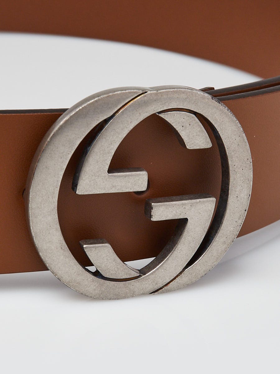 Gucci Brown Leather Interlocking G Buckle Belt Size 85/34