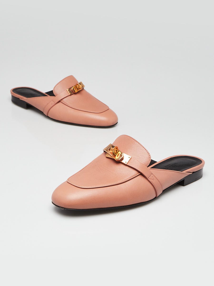 Hermes Rose Aube Calfskin Leather Rose Gold Plated Oz Mules Size