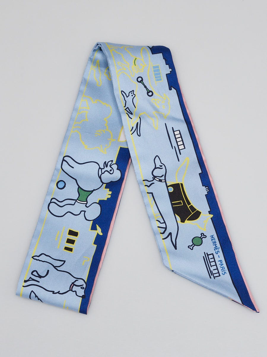 Hermes Bleu Ciel/Jaune/Rose Pink Silk Les Chiens Parisiens Printed