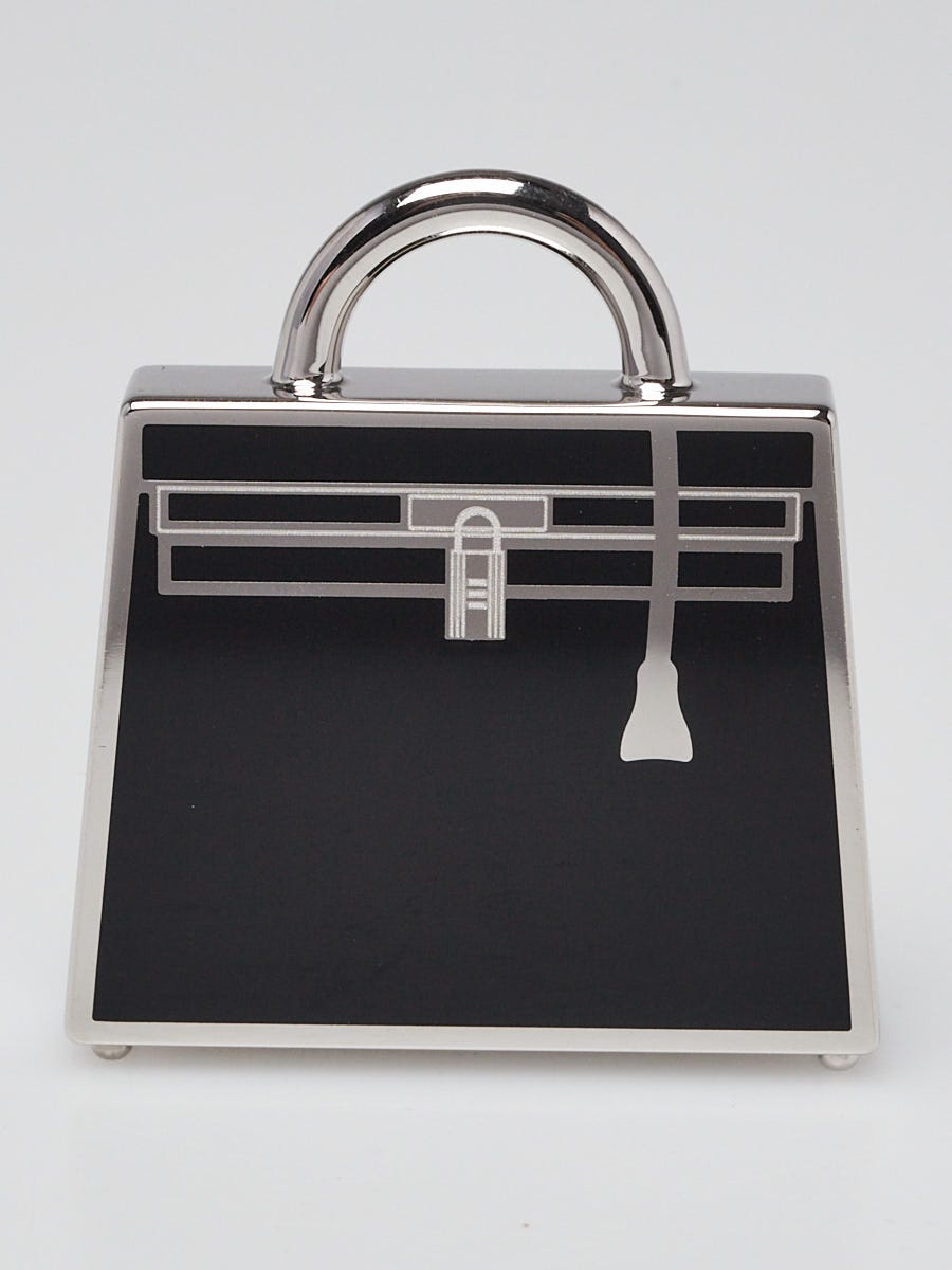 Hermes Black Lacquered Palladium Curiosite Kelly Bag Charm and