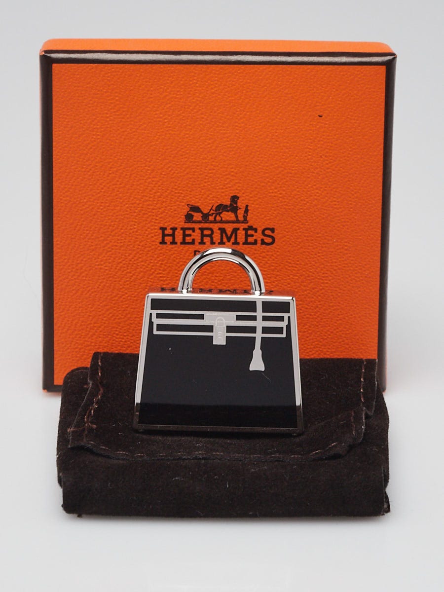 Hermes Black Lacquered Palladium Curiosite Kelly Bag Charm and
