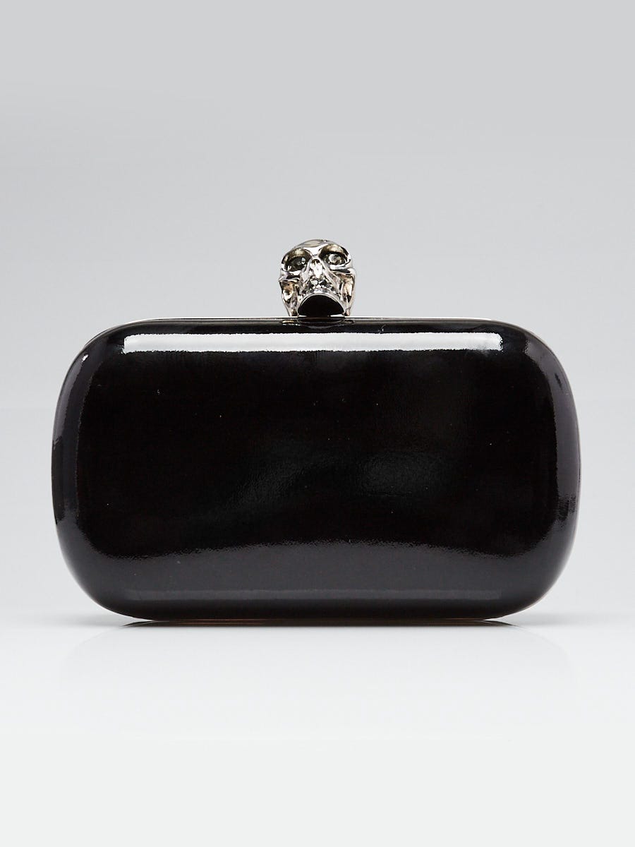 Alexander McQueen Black Patent Leather Crystal Skull Box Clutch Bag