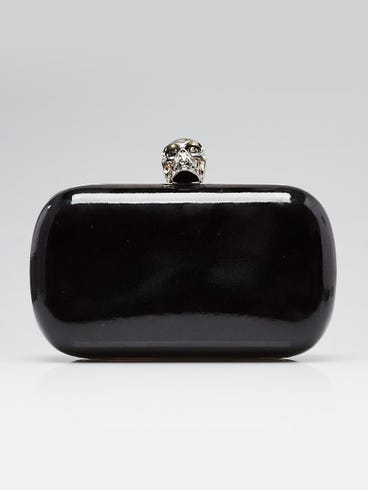 Alexander McQueen Black Patent Leather Crystal Skull Box Clutch Bag