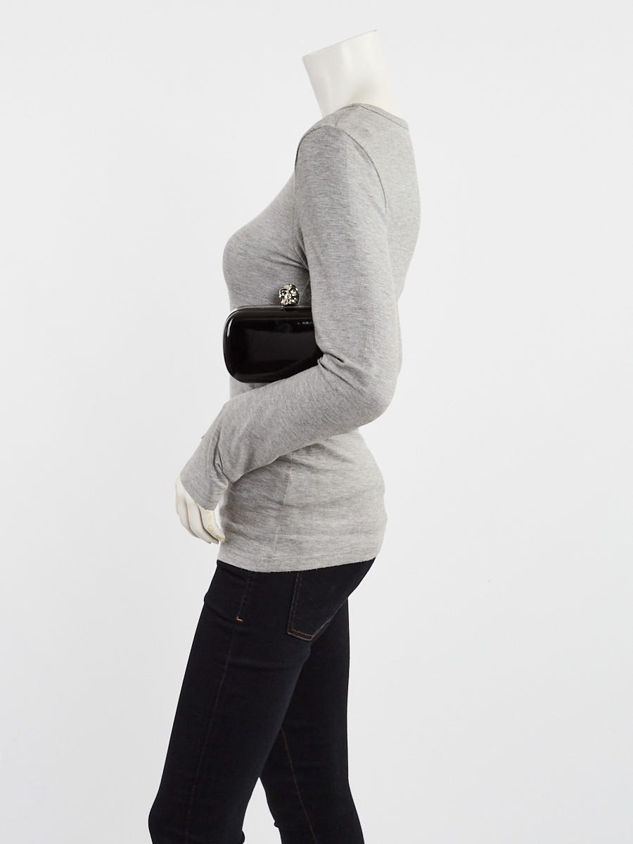 Alexander McQueen Black Patent Leather Crystal Skull Box Clutch Bag