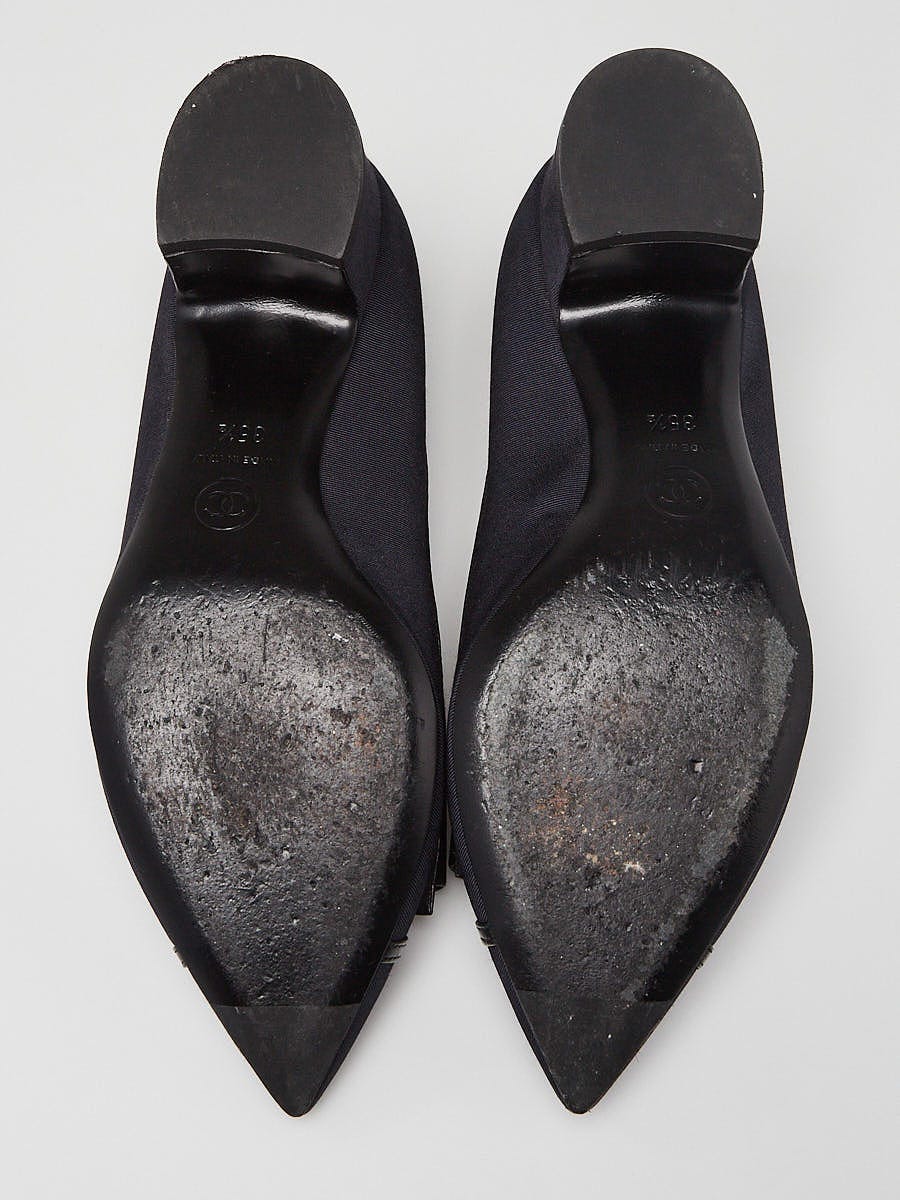 Chanel Navy Blue Grosgrain and Leather Bow Pumps Size 5/35.5