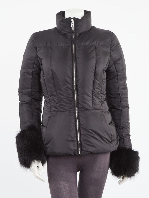Prada Black Quilted Nylon Goose Down and Fur Trim Jacket Size 6/40