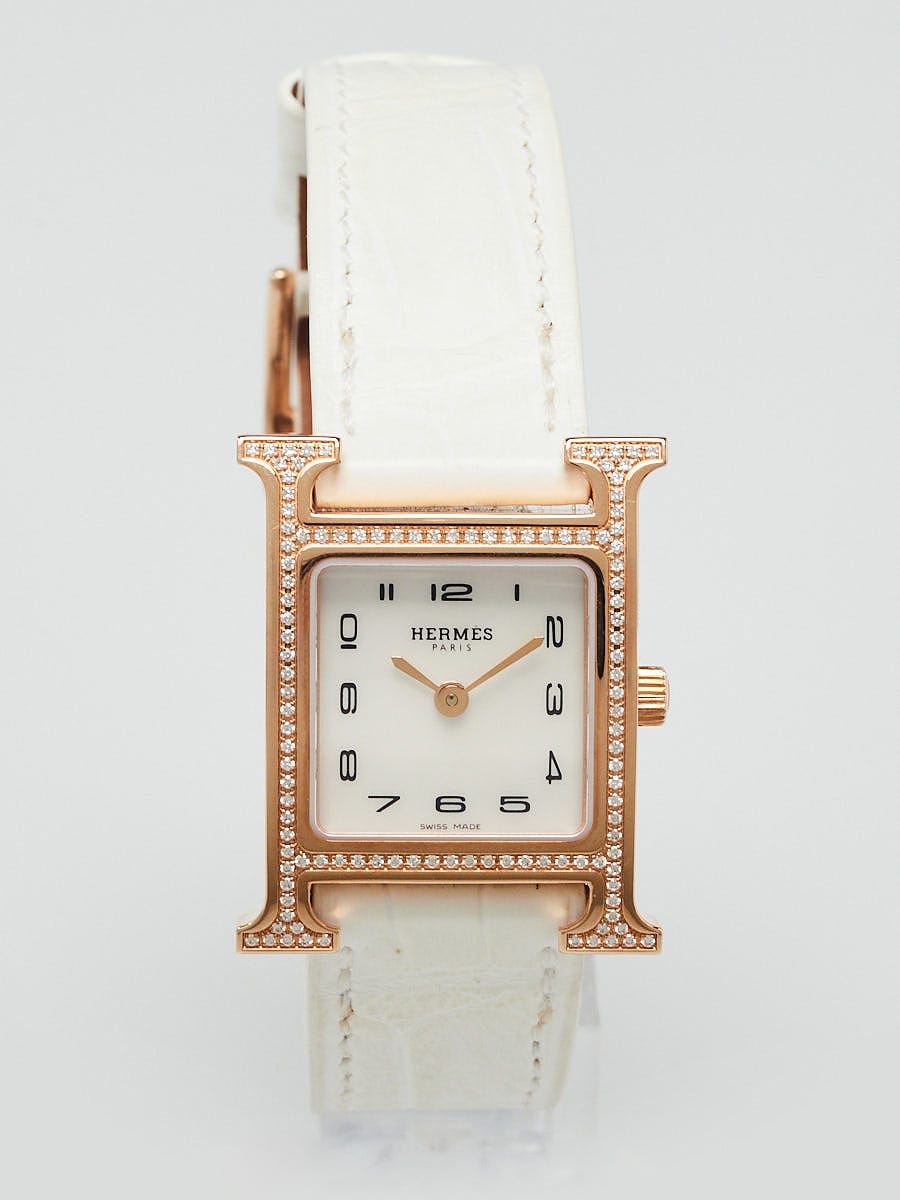Hermes 18k Rose Gold and Diamond White Alligator Heure H Medium