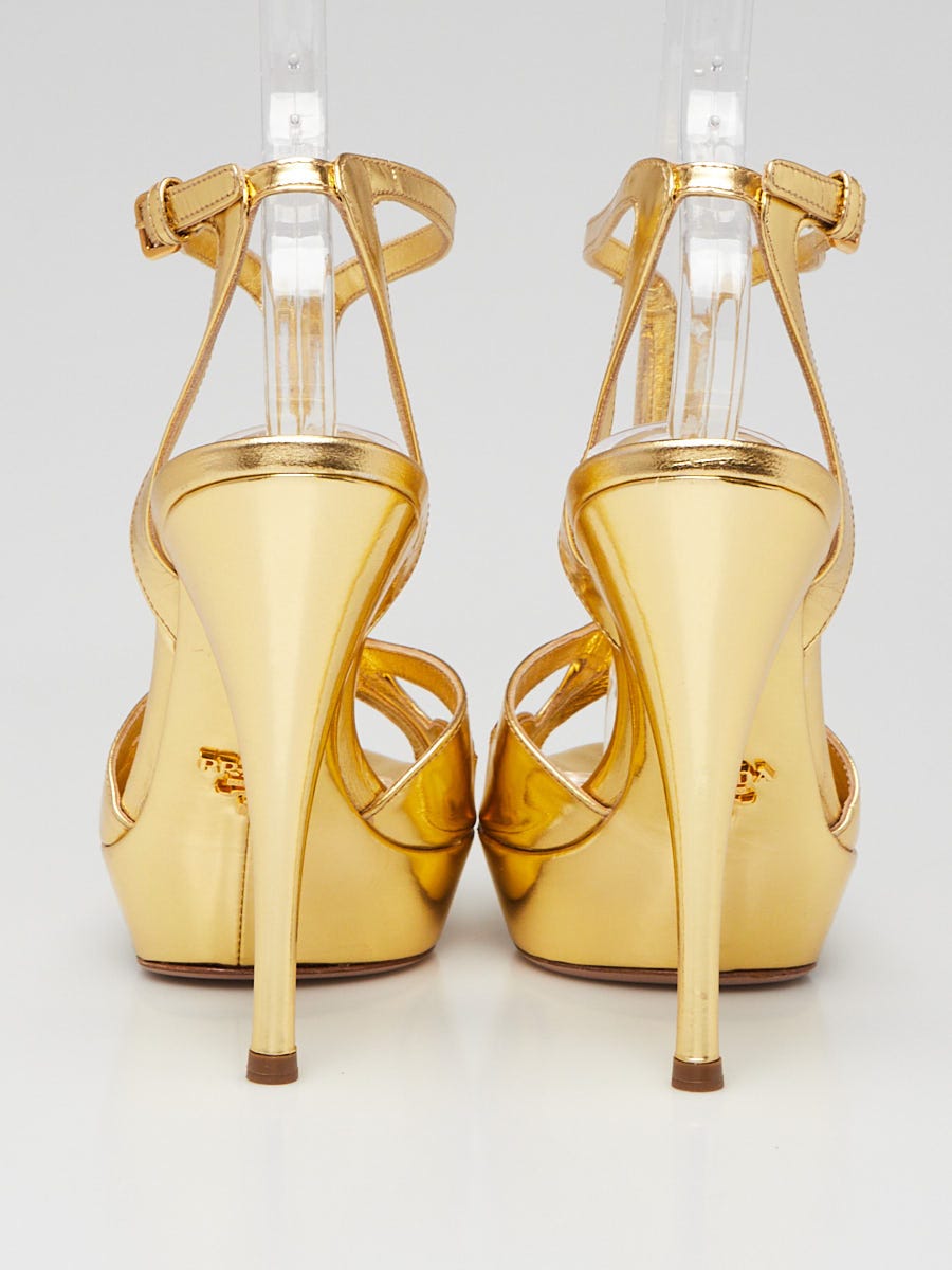 Prada Gold Patent Leather Open-Toe Platform Sandals Size 7