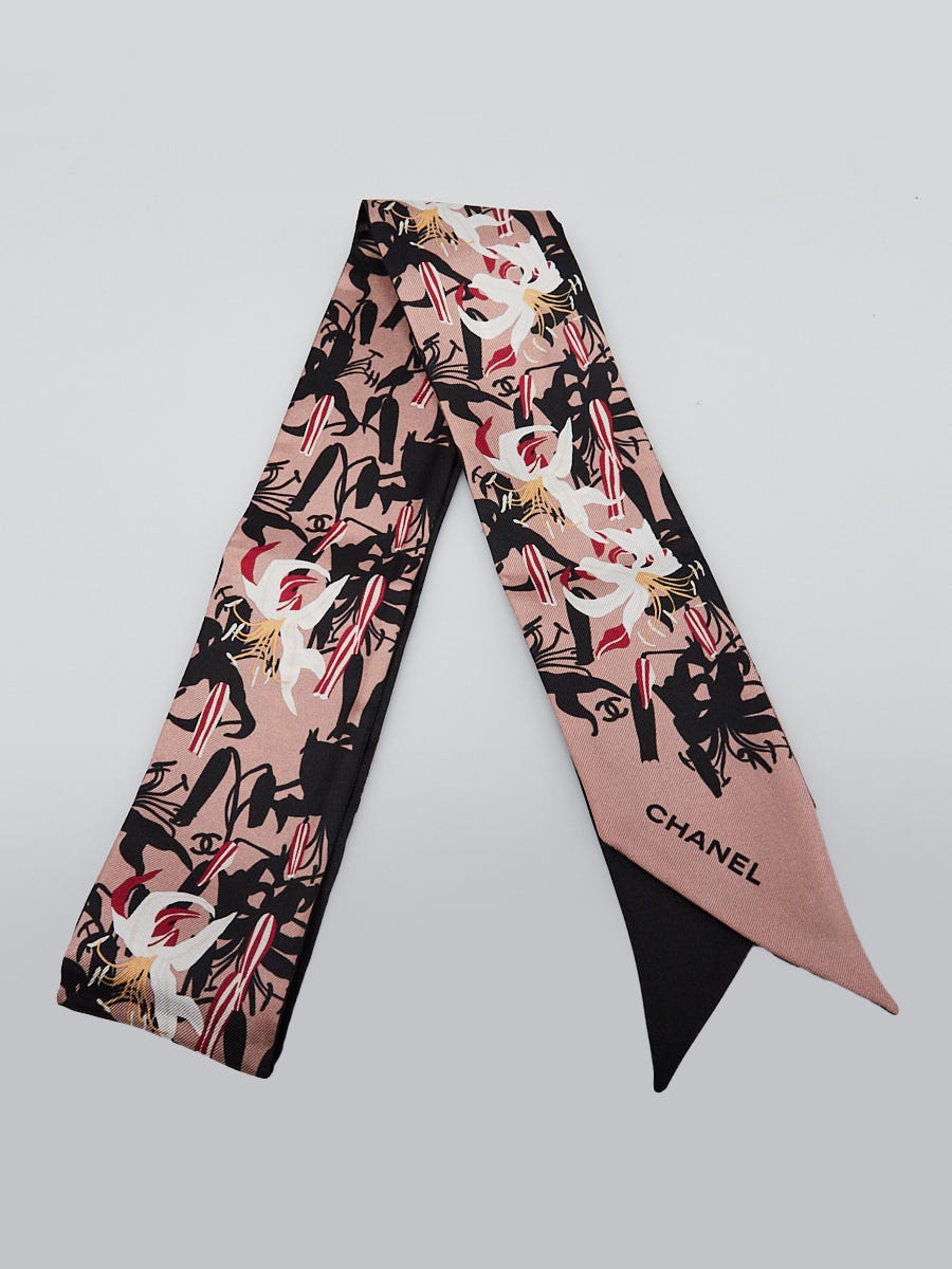 CHANEL スカーフ Chanel Black/Pink Silk CC Logo Flower Print Slim Bandeau