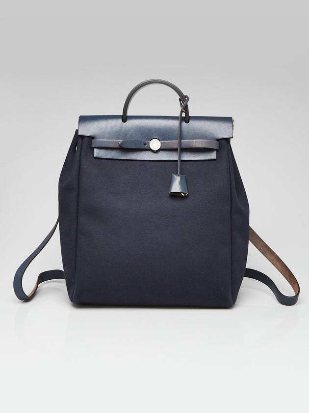 Hermes 30cm Navy Bleu Canvas/Vache Calfskin Leather Herbag PM 2-in-1 Backpack Bag