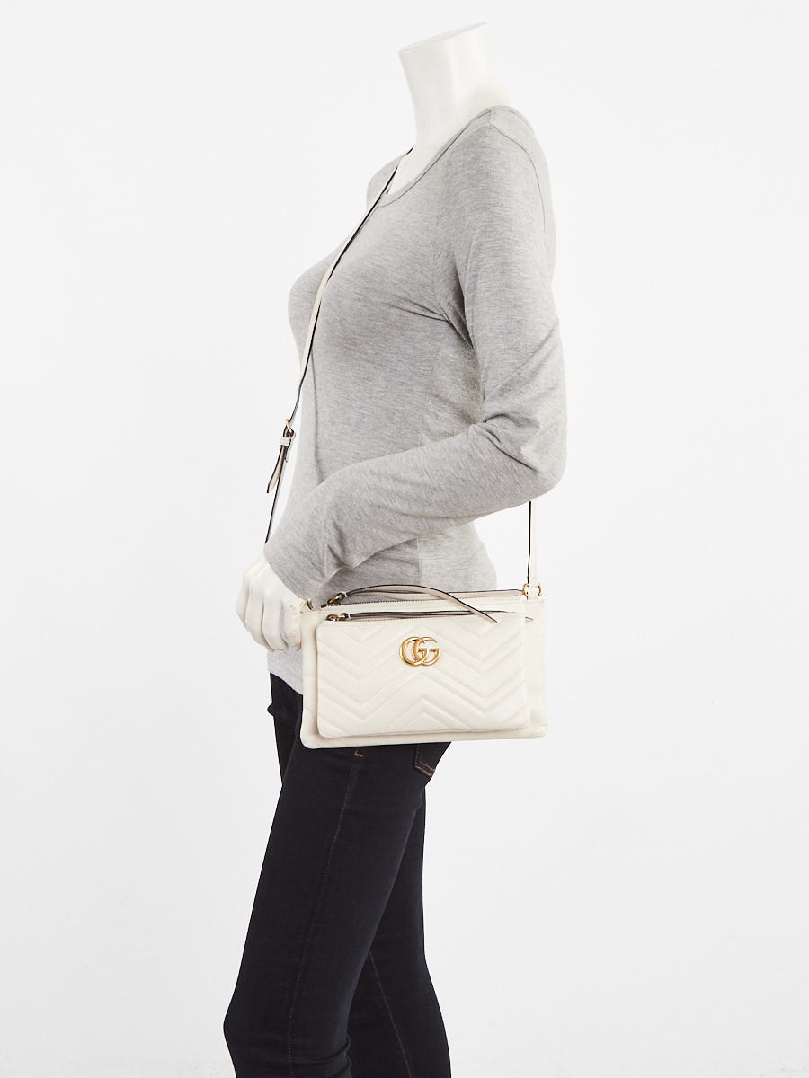 Gucci White Quilted Leather Marmont Double Pouch Zip Crossbody Bag