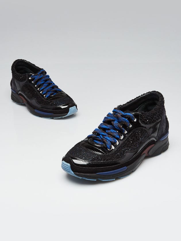 Chanel Black Patent Leather and Tweed Sneakers Size 6/36.5