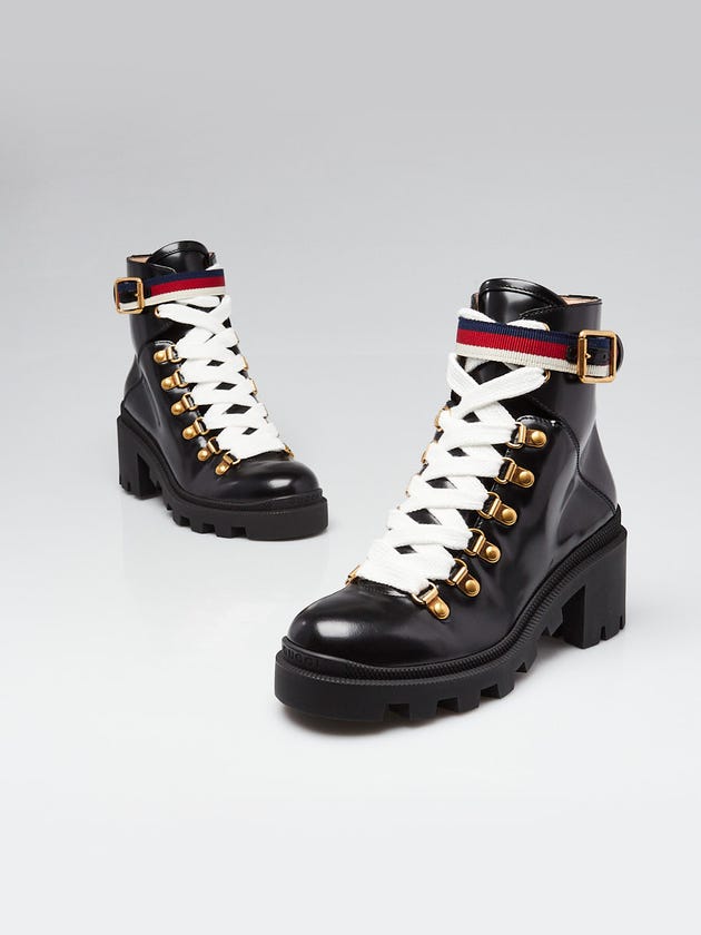 Gucci Black Shiny Calfskin Leather Sylvie Web Moto Boots Size 3.5/34