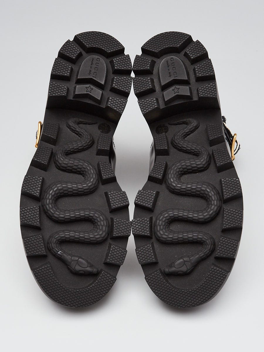 Gucci Black Shiny Calfskin Leather Sylvie Web Moto Boots Size 3.5/34