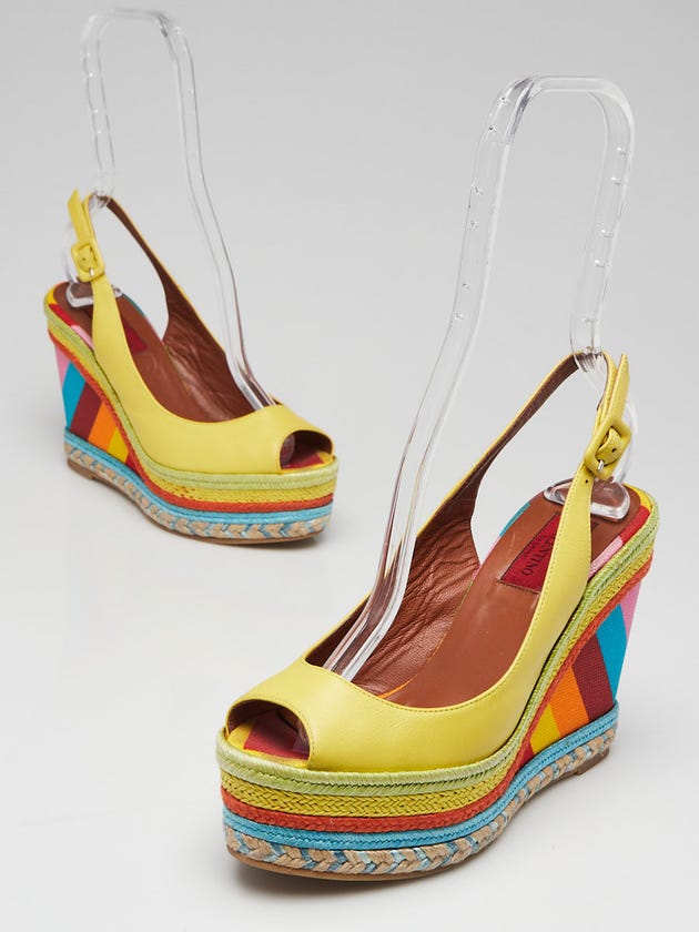 Valentino Yellow Leather and Rainbow Canvas 1973 Espadrille Wedges Size 6/36.5