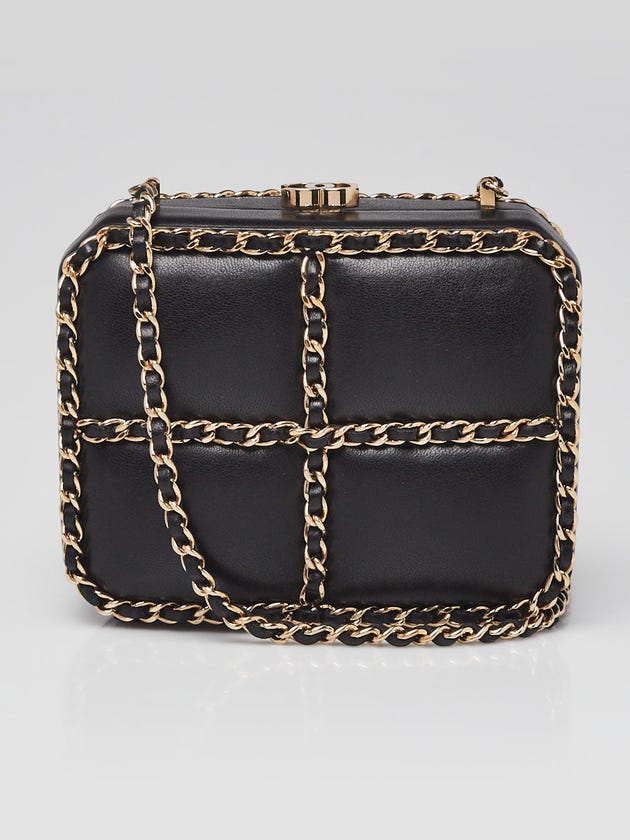 Chanel Black Lambskin Leather Chain Minaudiere Box Clutch Bag