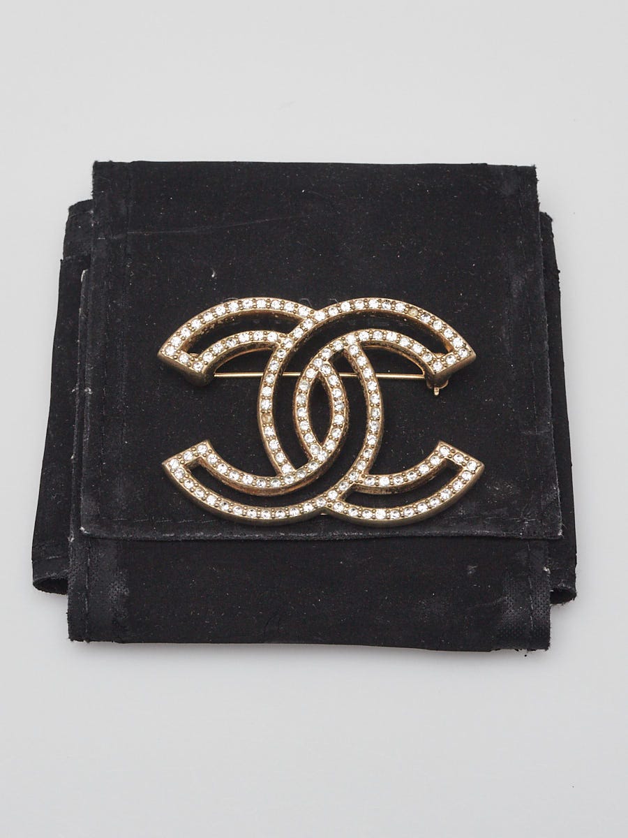 Chanel Goldtone Brushed Metal and Crystal CC Brooch Chanel Goldtone Brushed Metal and Crystal CC Brooch