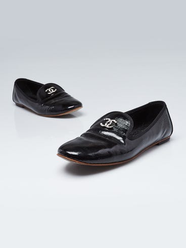 Chanel Black Patent Leather CC Moccasin Loafers Size 6.5/37