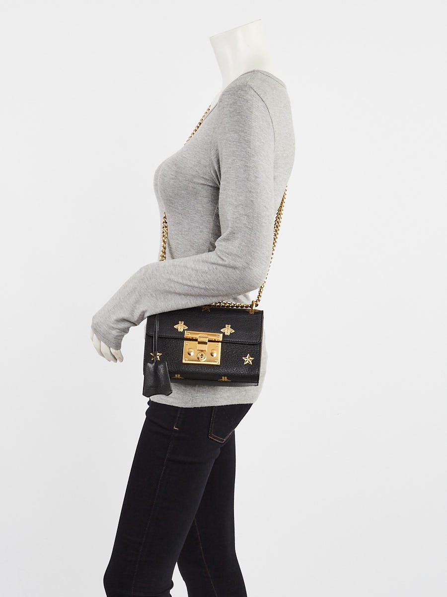 Gucci White Leather Metallic Bee/Star Print Small Padlock