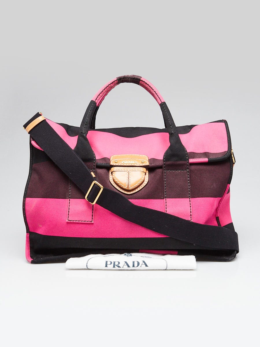 Prada Fuxia Canapa Stripe Canvas Pattina Shopping Bag BN2116