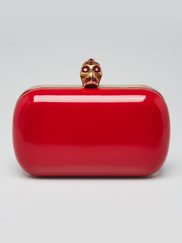 Alexander McQueen Red Patent Leather Crystal Skull Box Clutch Bag