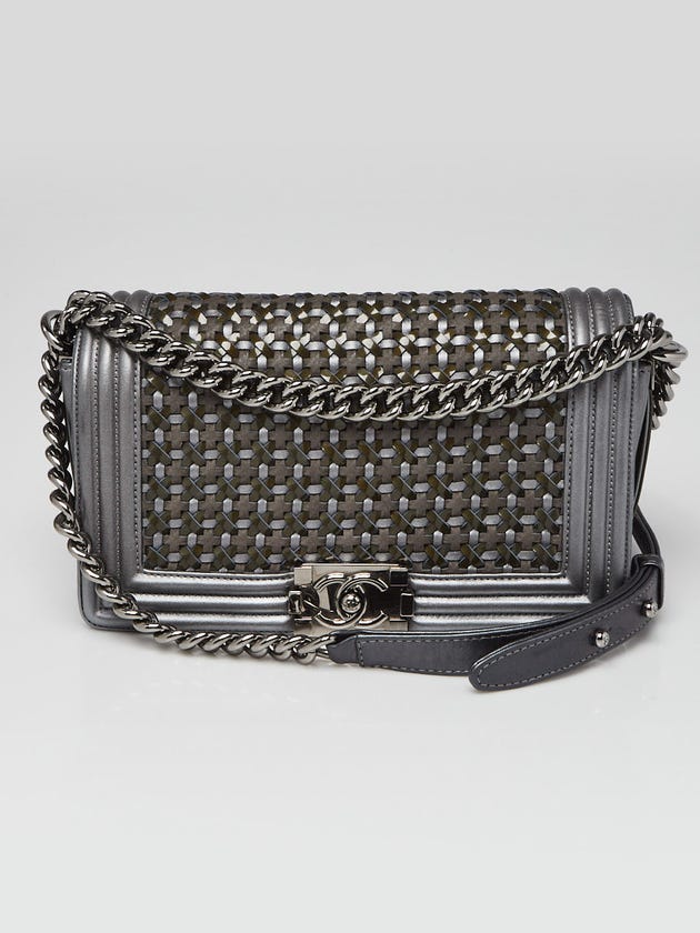 Chanel Metallic Grey Calfskin and Patent Braided Medium Boy Bag