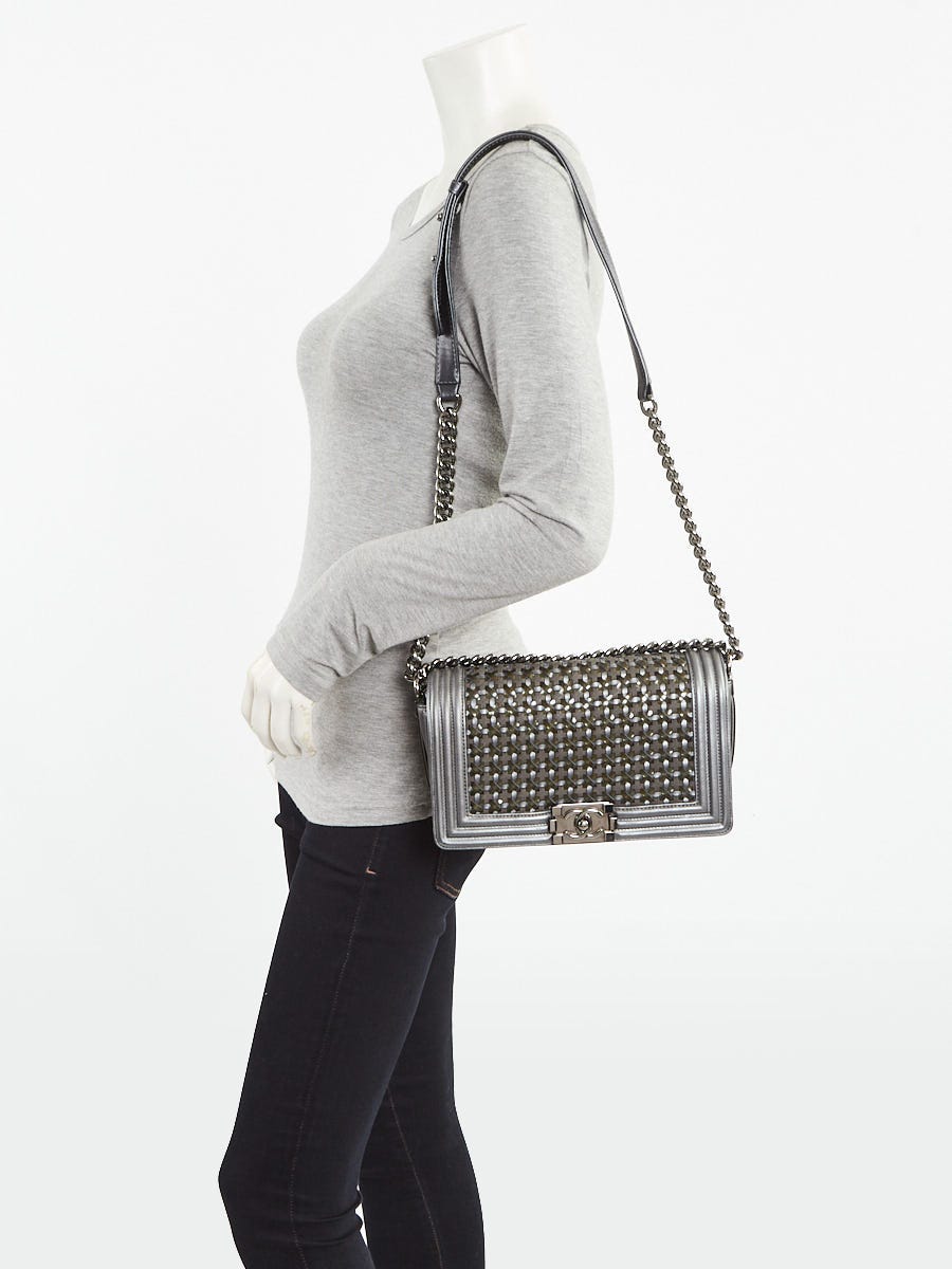 Chanel Metallic Grey Calfskin and Patent Braided Medium Boy Bag