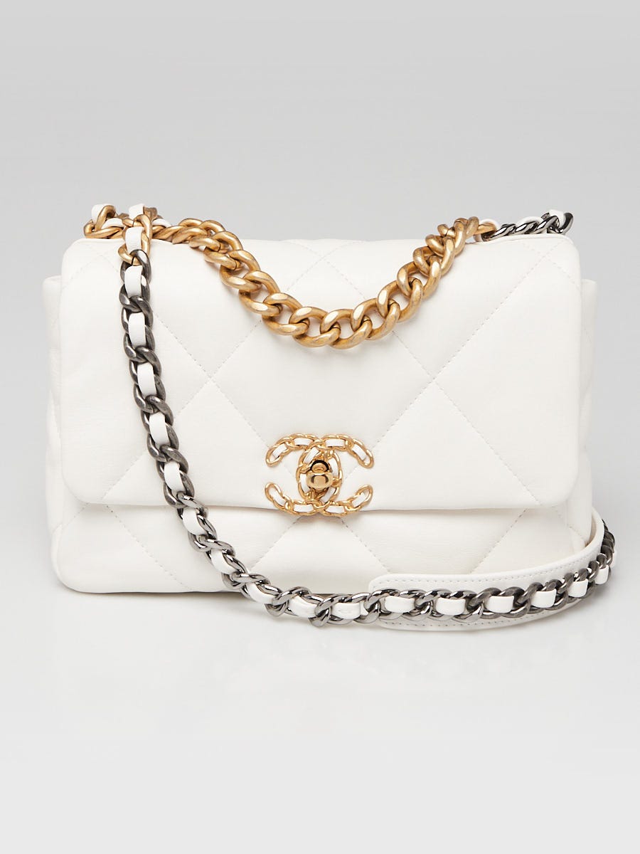 Chanel White Quilted Lambskin Leather Chanel 19 Small Flap Bag