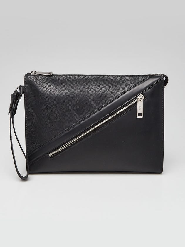 Fendi Black Calfskin Leather FF Shadow Diagonal Zip Clutch Bag - 7VA491