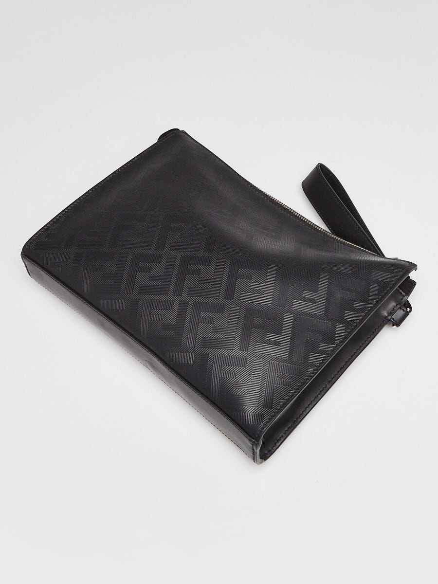 Fendi Black Calfskin Leather FF Shadow Diagonal Zip Clutch