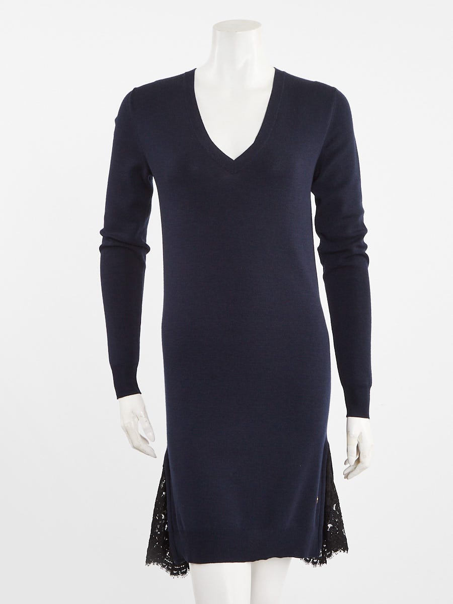 Louis Vuitton Navy Blue Wool and Black Lace V-Neck Sweater Dress Size XS