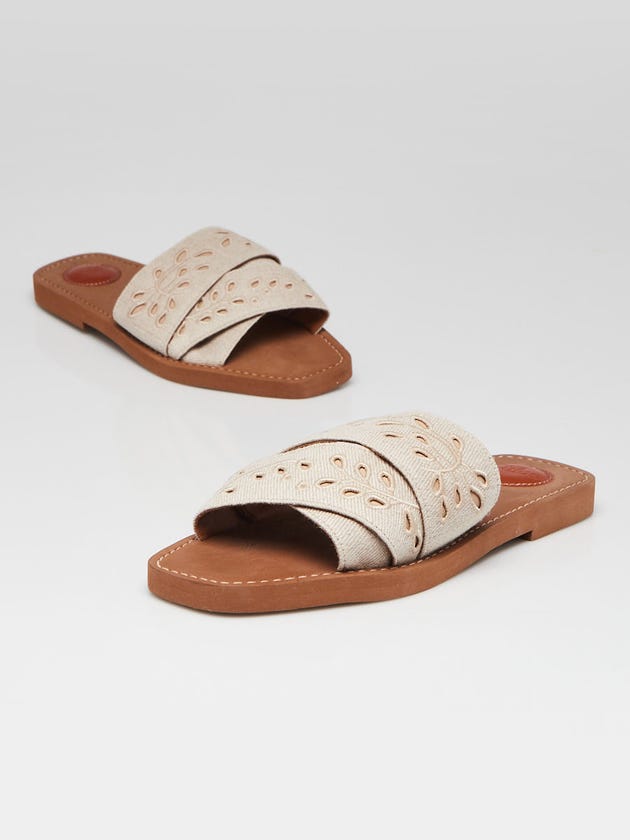 Chloe Beige Eyelet Canvas Woody Flat Open Toe Sandals Size 9.5/40