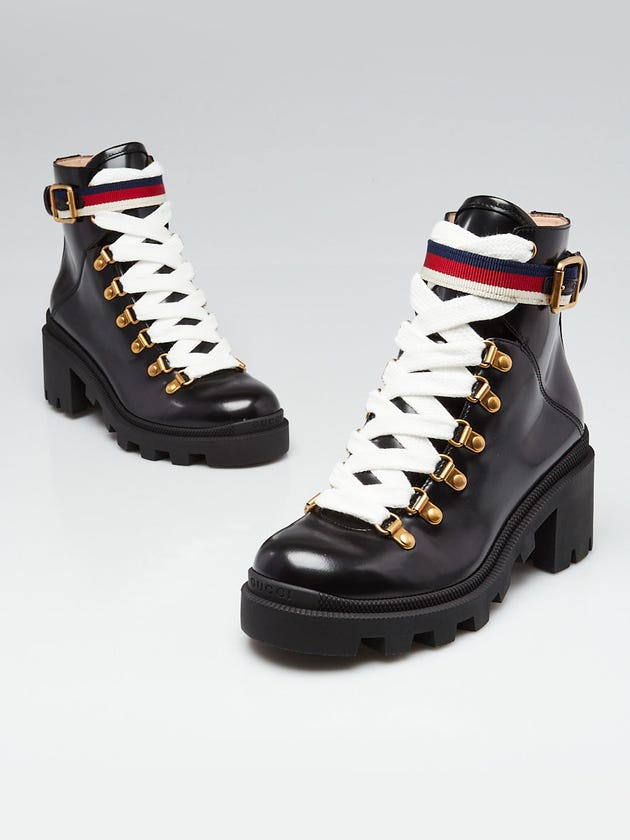 Gucci Black Shiny Calfskin Leather Sylvie Web Moto Boots Size 4.5/35