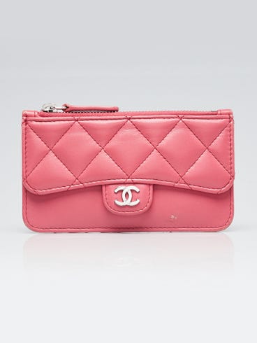 Chanel Pink Quilted Lambskin Leather Flap Zip Card Holder