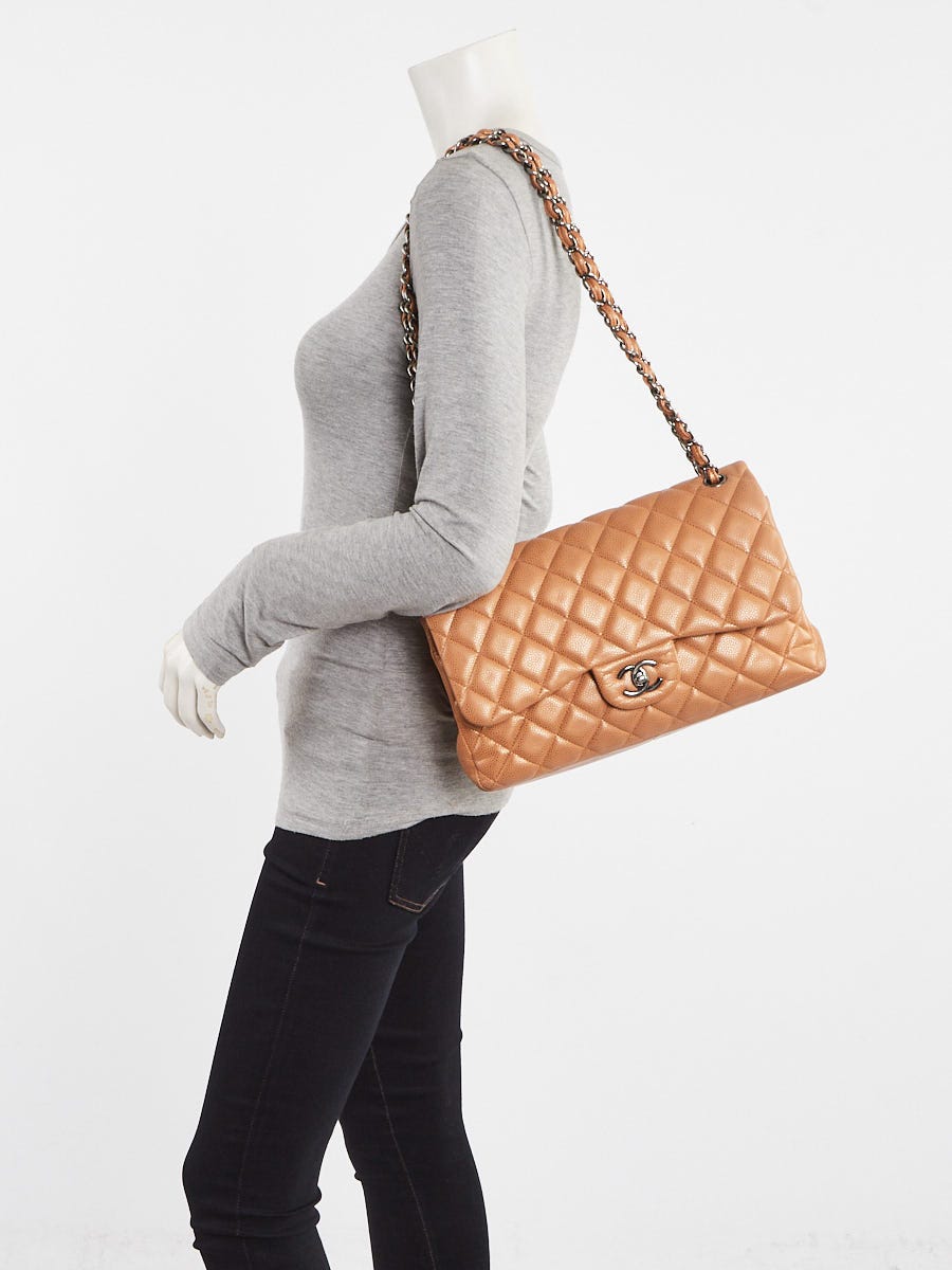 Chanel Gold Quilted Caviar Leather Classic Jumbo Double Flap Bag
