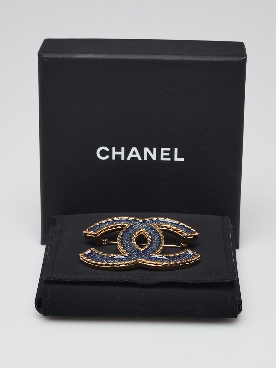 Chanel Gold Metal Denim Enamel CC Brooch | Yoogi's Closet