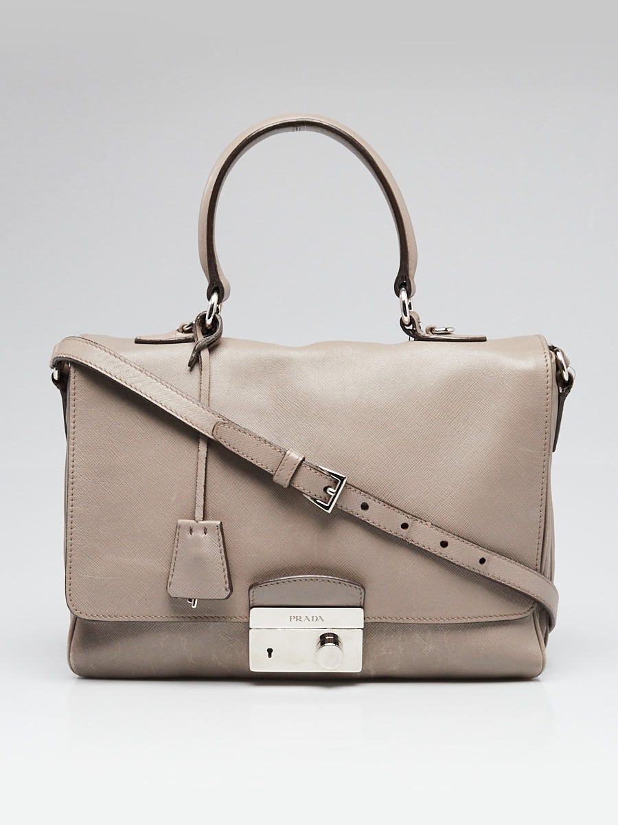 Prada Grey Saffiano Leather Top Handle Crossbody Flap Bag