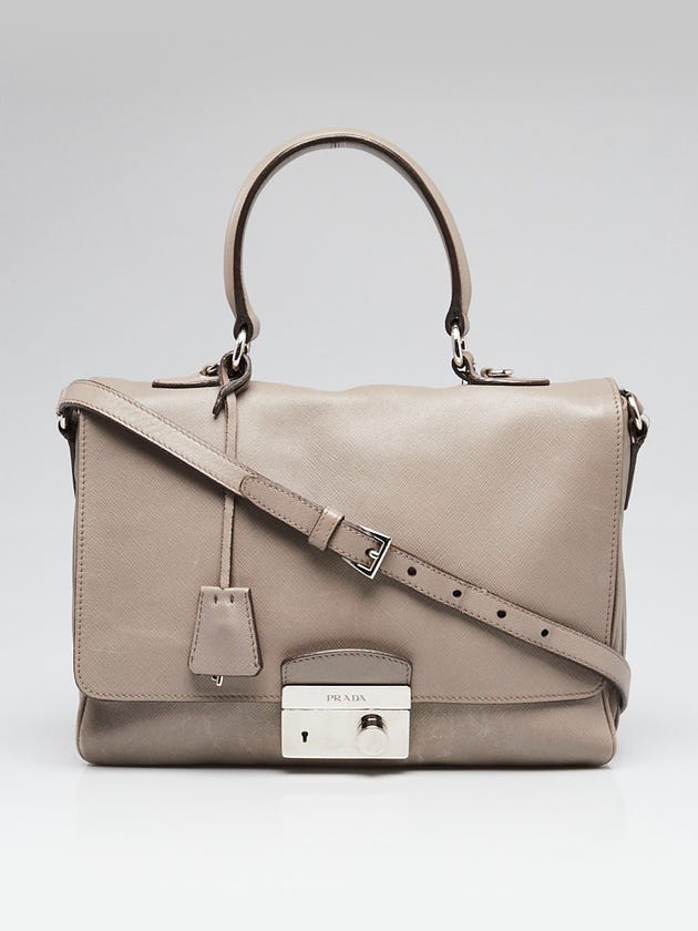 Prada Grey Saffiano Leather Top Handle Crossbody Flap Bag
