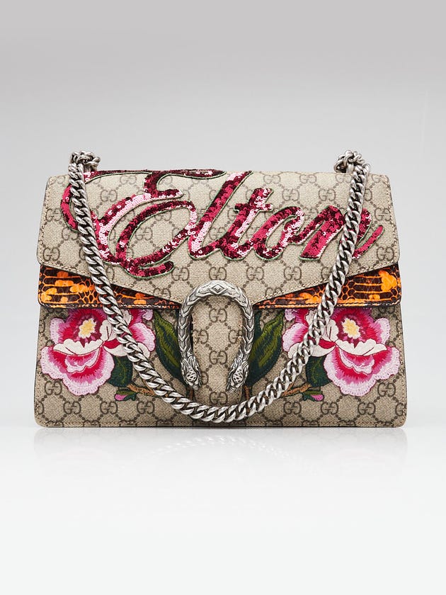 Gucci Beige GG Supreme Canvas Embroidered Elton Medium Dionysus Bag
