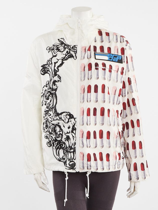 Prada White Nylon Frame and Lip Stick Print Hooded Rain Coat Size M