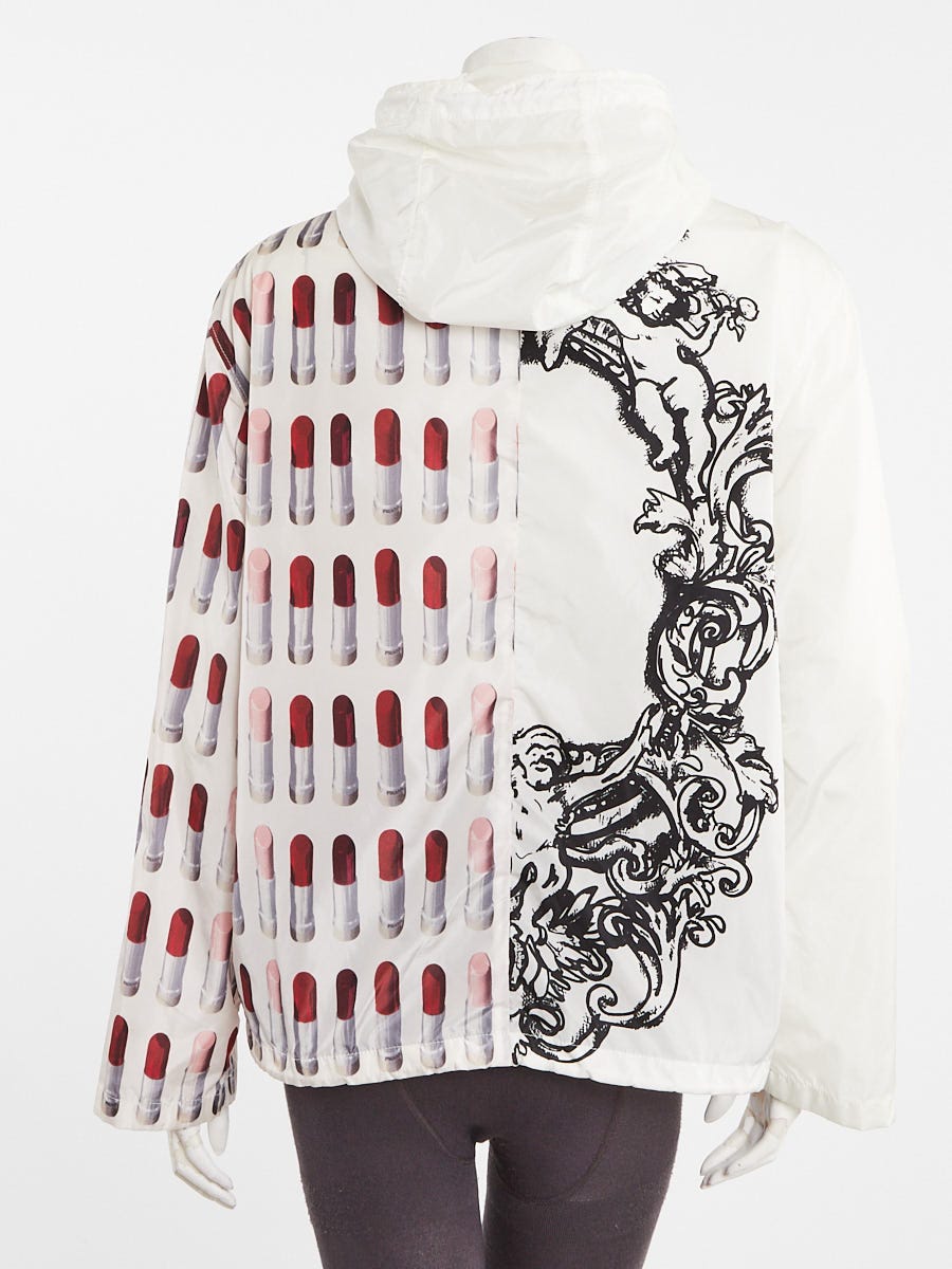 Prada White Nylon Frame and Lip Stick Print Hooded Rain Coat Size M