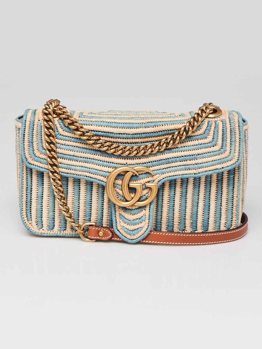 Gucci Blue and Natural Raffia GG Marmont Small Shoulder Bag