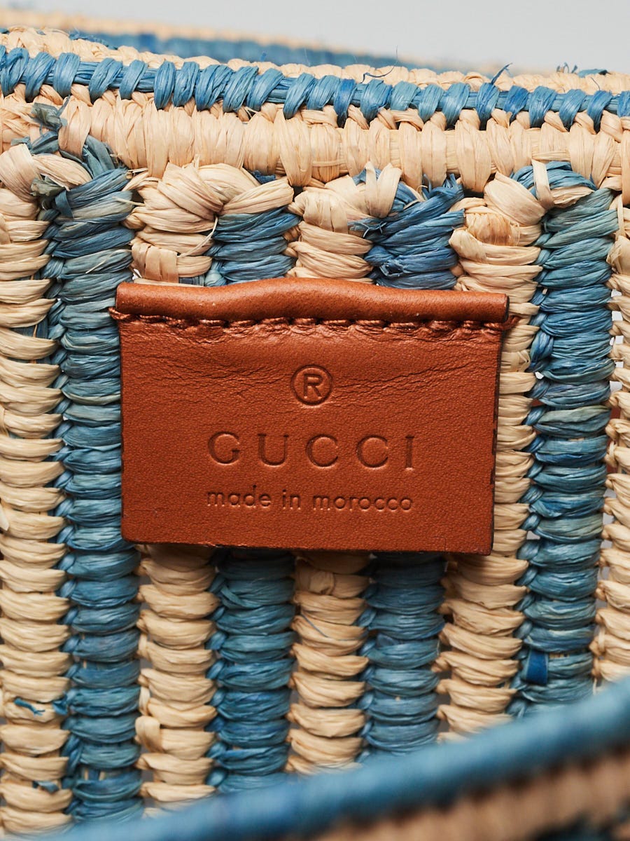 Gucci Blue and Natural Raffia GG Marmont Small Shoulder Bag
