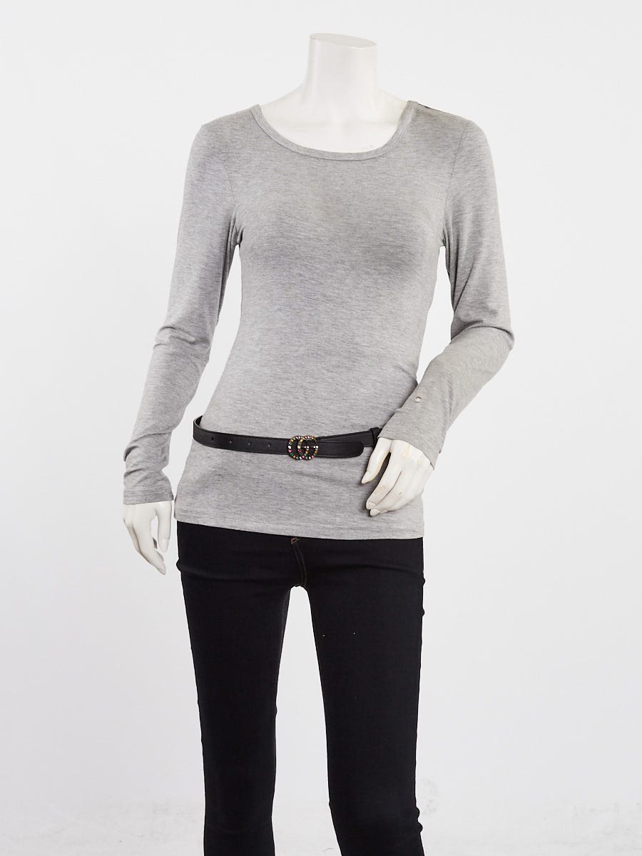 Gucci Black Multicolor Crystal Double G Leather Belt Size 85/34