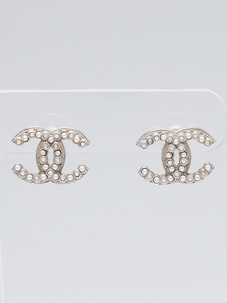 Chanel Silver Metal Faux Pearl and Crystal CC Stud Earrings