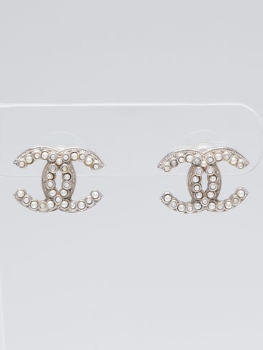 Chanel Silver Metal Faux Pearl and Crystal CC Stud Earrings